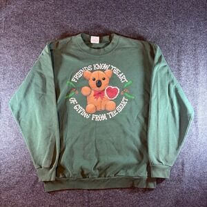 Vintage 90s Tee Jays Teddy Bear Sweatshirt Green XL Friends Giving Graphic